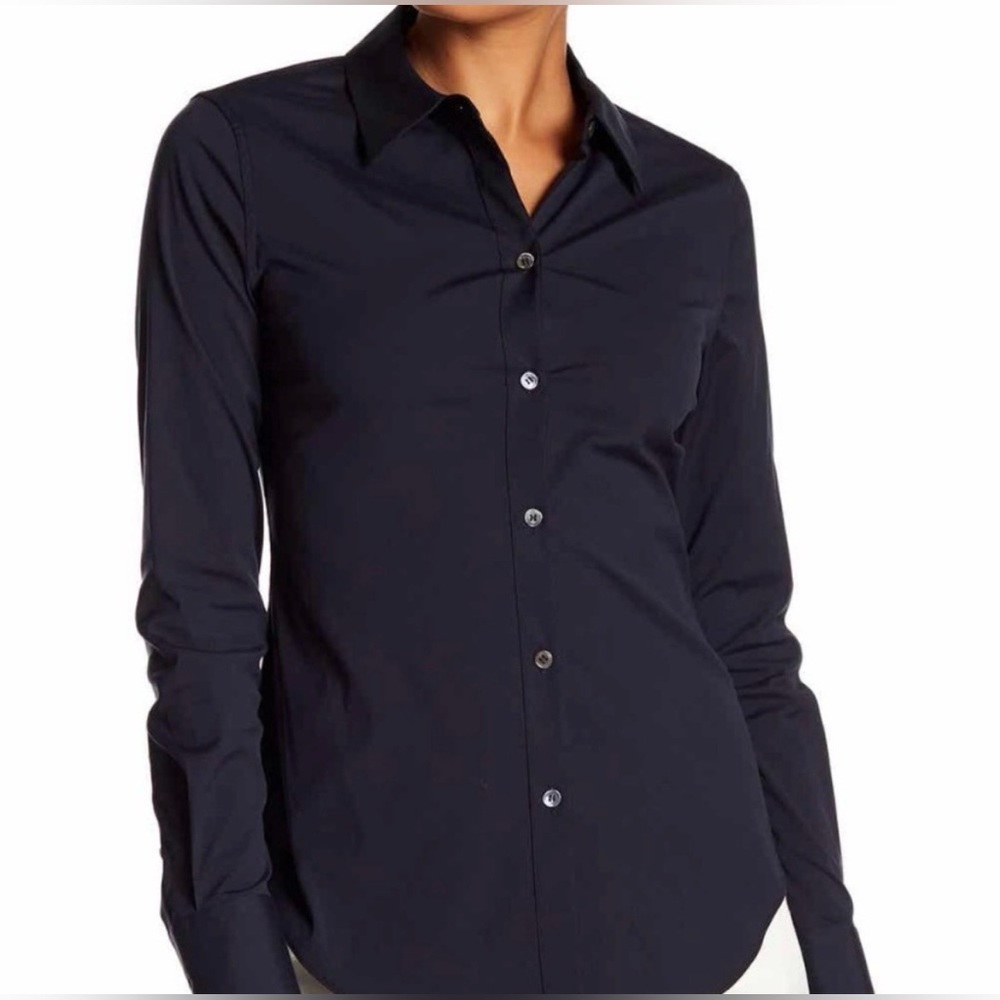 Theory Navy Blue Distressed Button Down Shirt Petite P